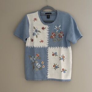 Salon Studio by Haband blue & white crewneck sweater with floral embroidery